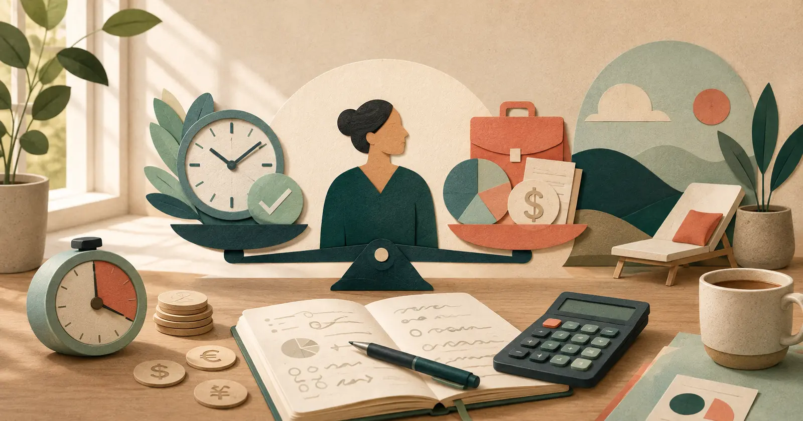Editorial illustration balancing working time, business costs, income and rest